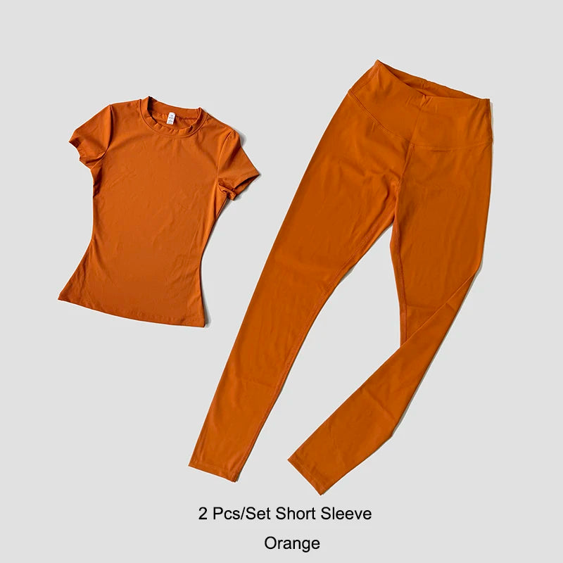 Womens Yoga Set Sportswear Crop Top And Leggings Short Sleeves