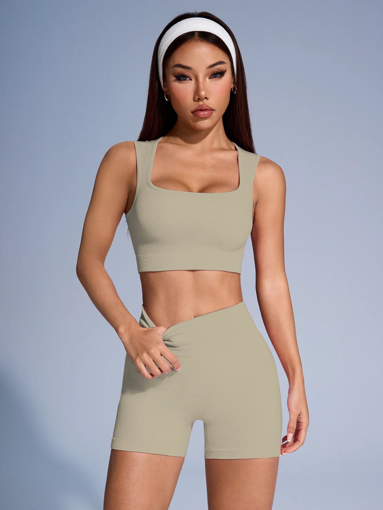 Seamless Ribbed Yoga Sets For Women High Waist Tank Shorts