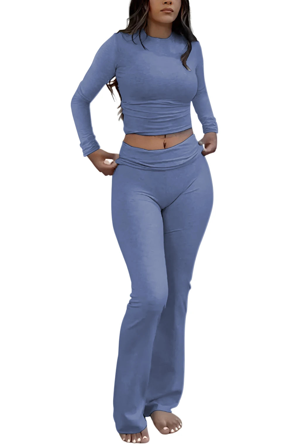 Womens Yoga Two Piece Set Long Sleeve Wide Leg Activewear