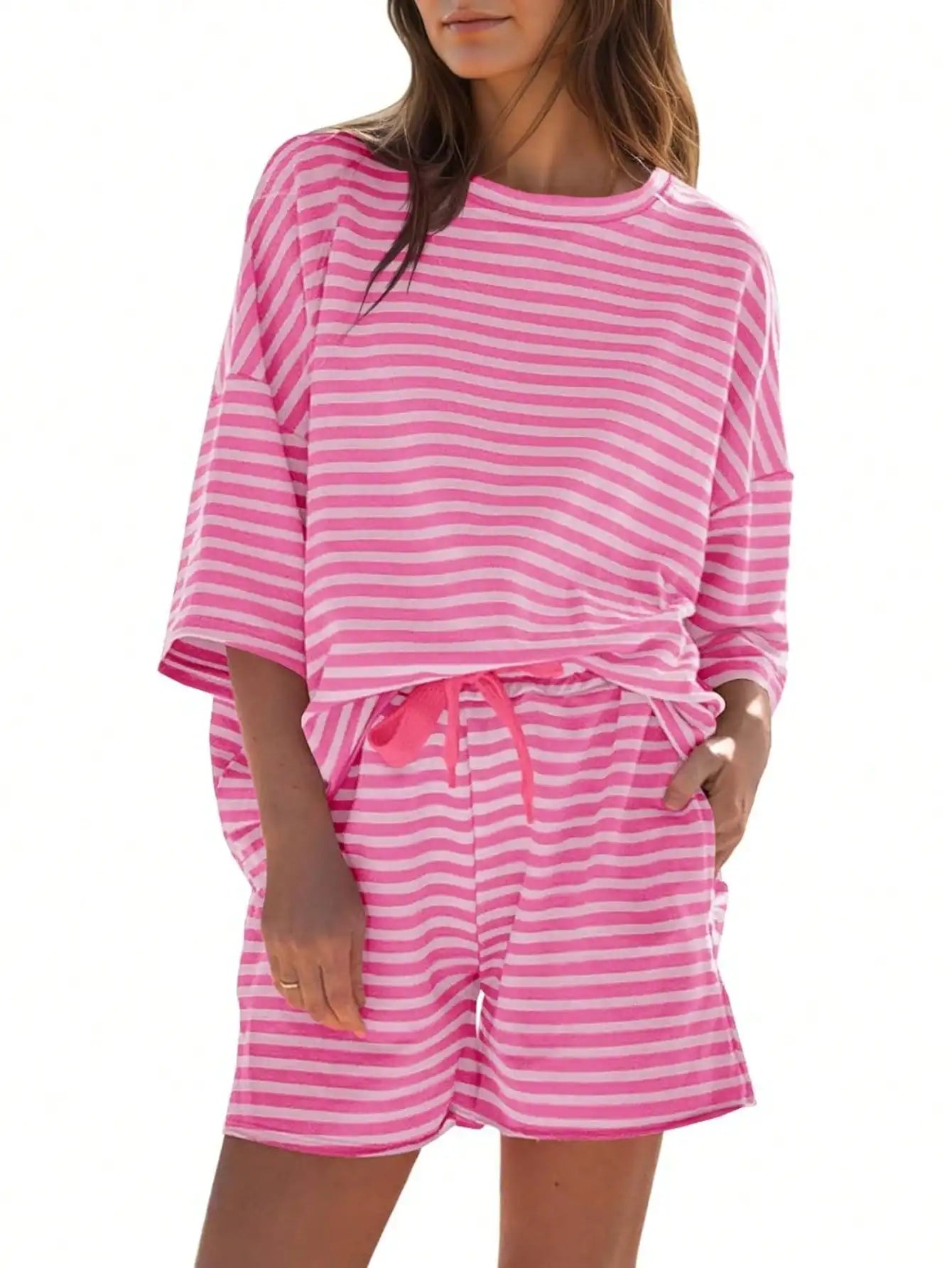 Women's Striped Athleisure 2 Piece Set With High Waisted Shorts