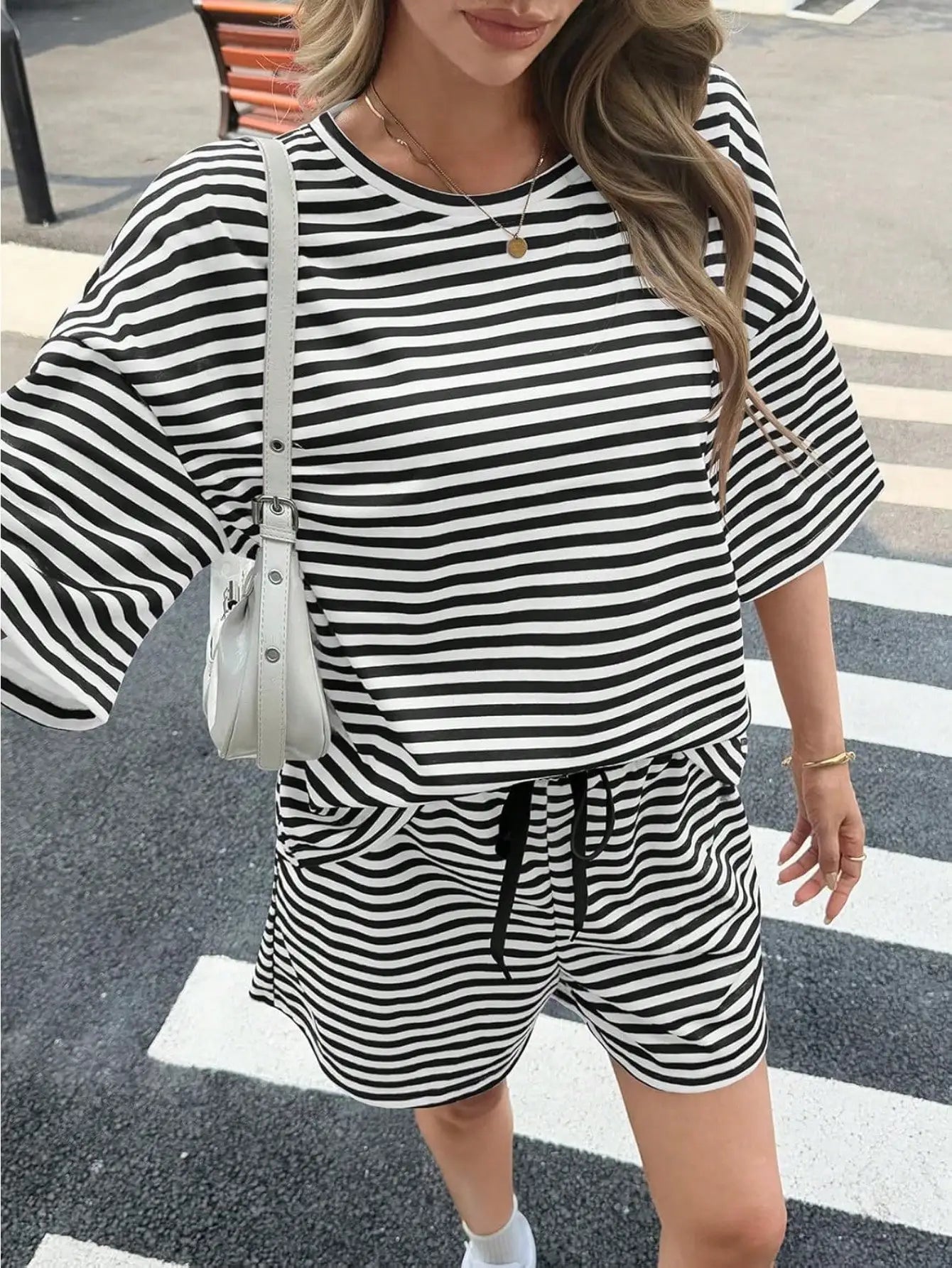 Women's Striped Athleisure 2 Piece Set With High Waisted Shorts