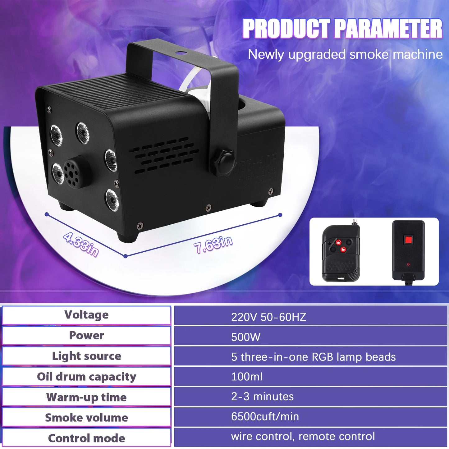 U'King 500W Fog Machine With RGB LEDs And Wireless Remote