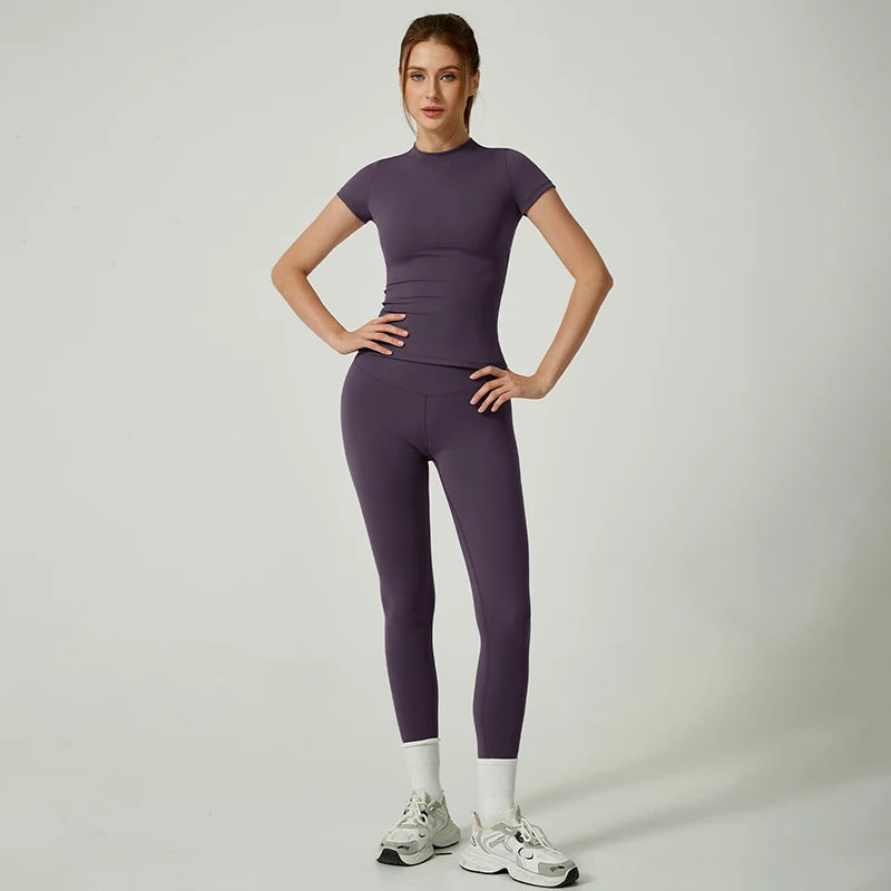 Womens Yoga Set Sportswear Crop Top And Leggings Short Sleeves