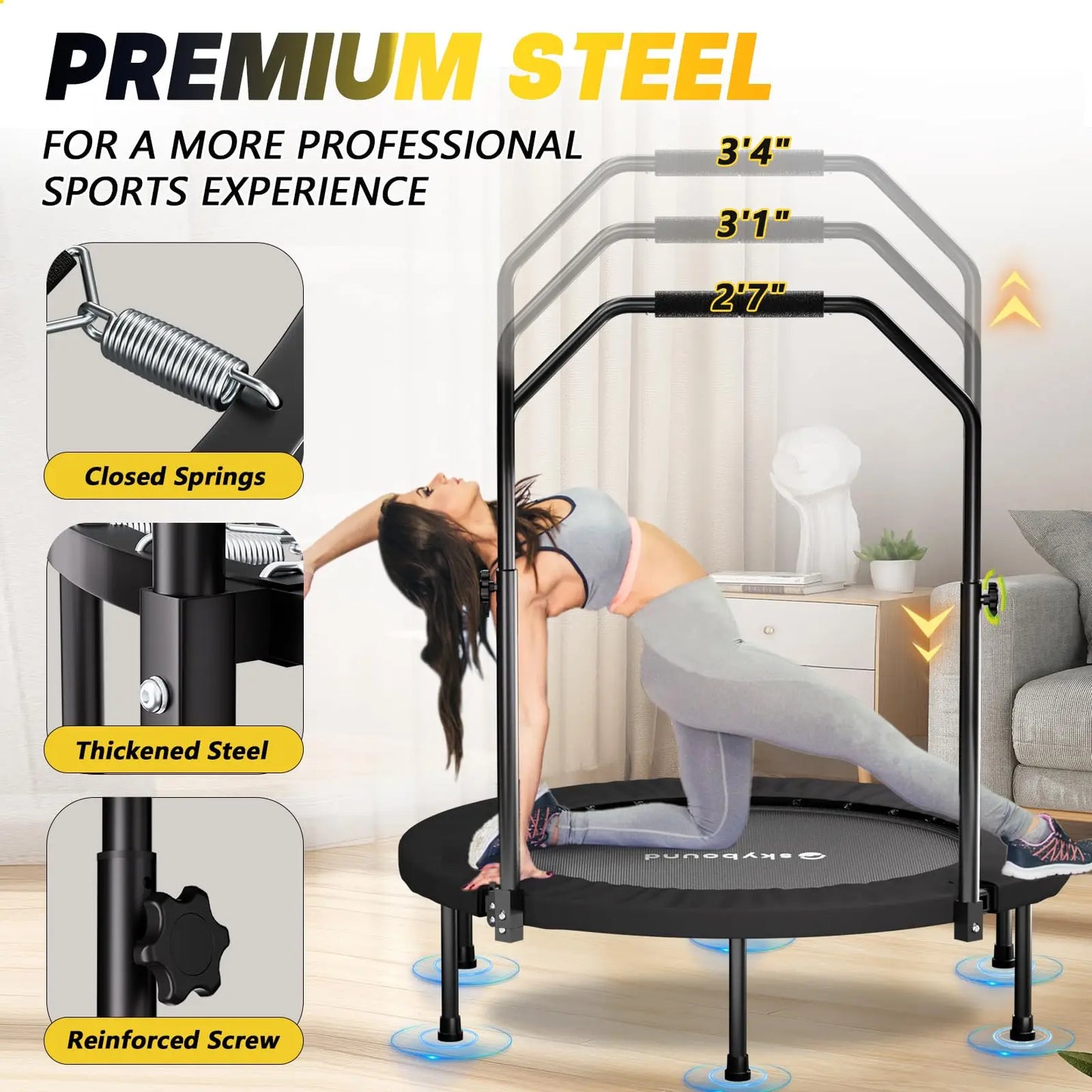 Rebounder Trampoline For Adults With Adjustable U Bar Handle 350lbs