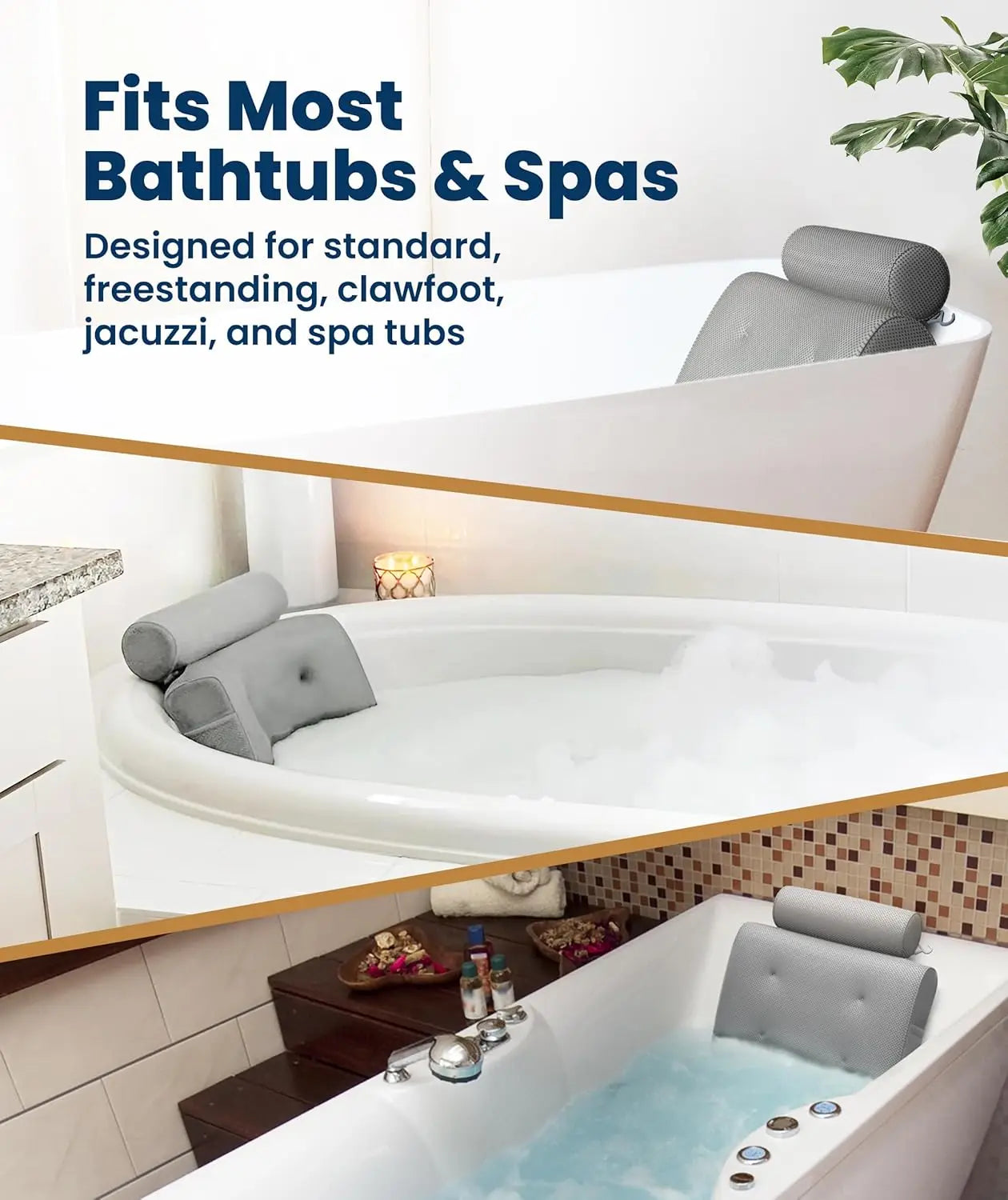 Luxury Bath Pillow With Head And Neck Support Non Slip Cups Quick Dry Mesh