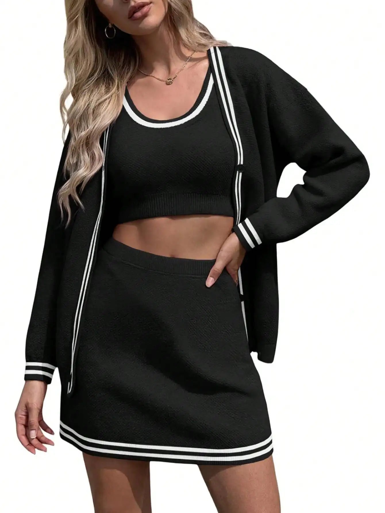 Fisoew Womens Knit 3 Piece Sweater Set Cardigan High Waisted Skirt Lounge