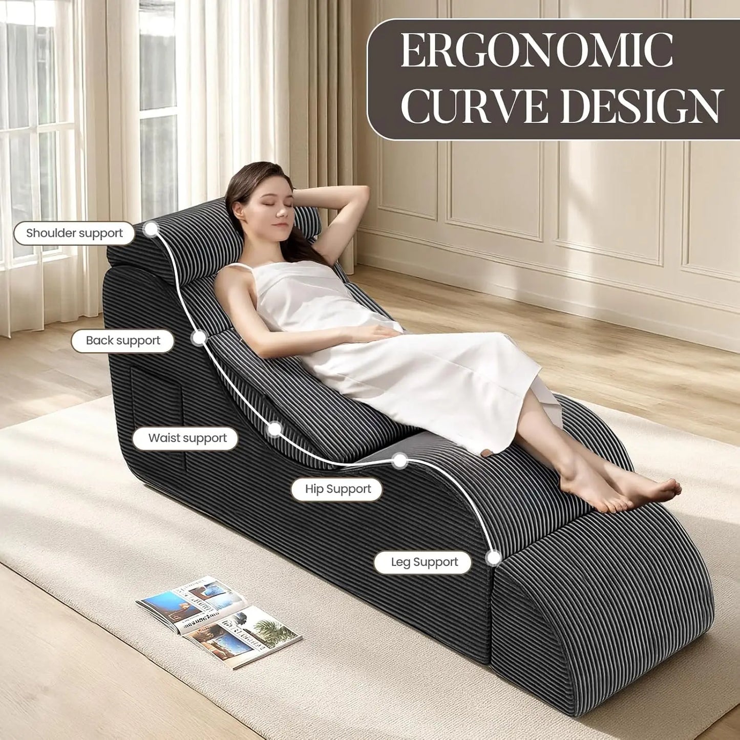 Ergonomic Yoga Chaise Lounge Chair for Adults with Headrest Pocket
