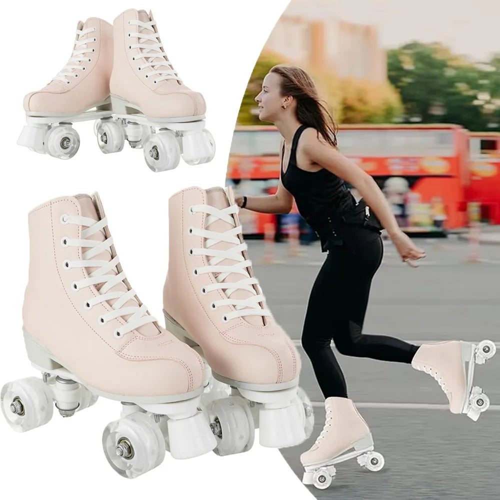 YYW Lighted Flashing PU Leather Double Row Quad Roller Skates For Adults