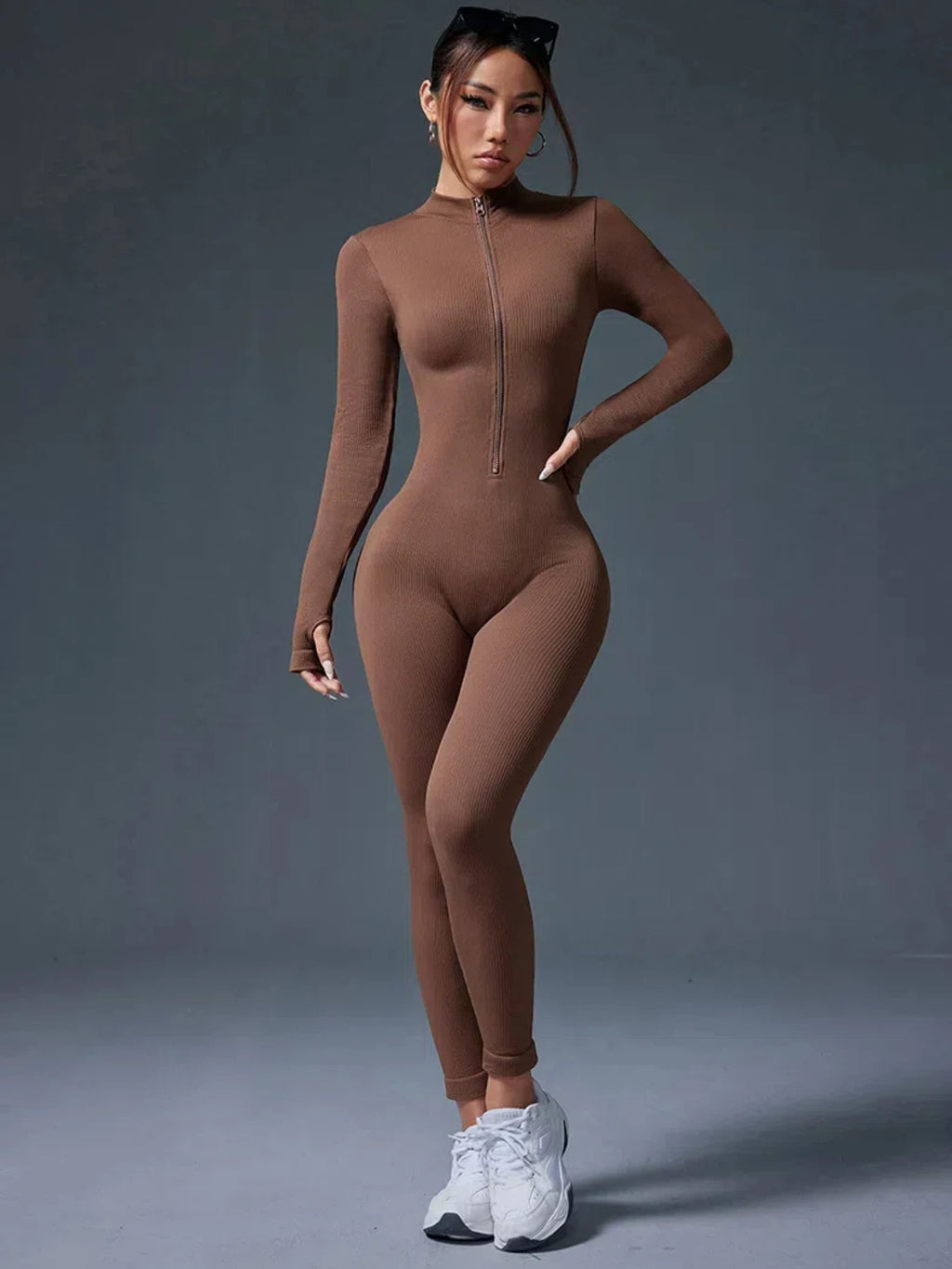 Half Zip Jumpsuit Women Gym Bodysuit Long Sleeve Activewear Set