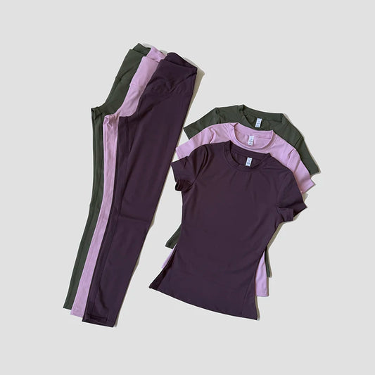 Womens Yoga Set Sportswear Crop Top And Leggings Short Sleeves