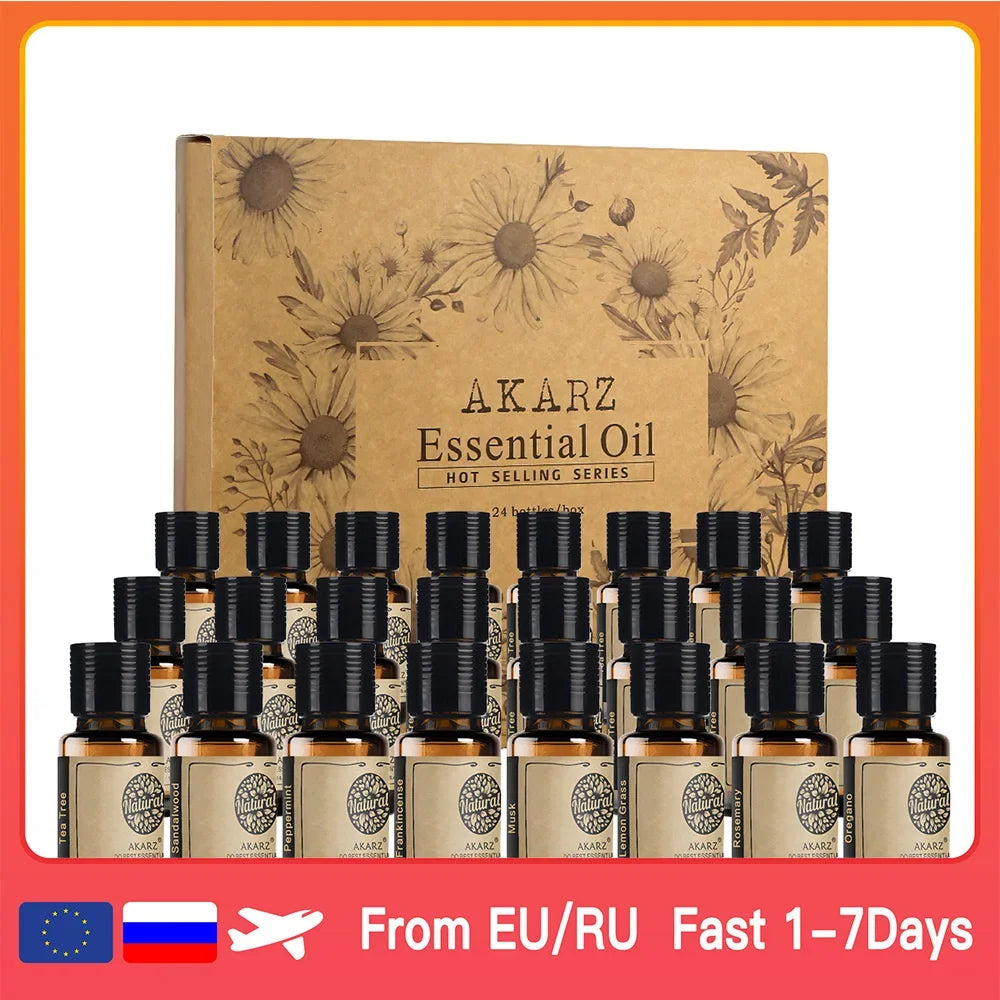 Akarz 24 Essential Oil Set Tea Tree Lavender Rose Patchouli