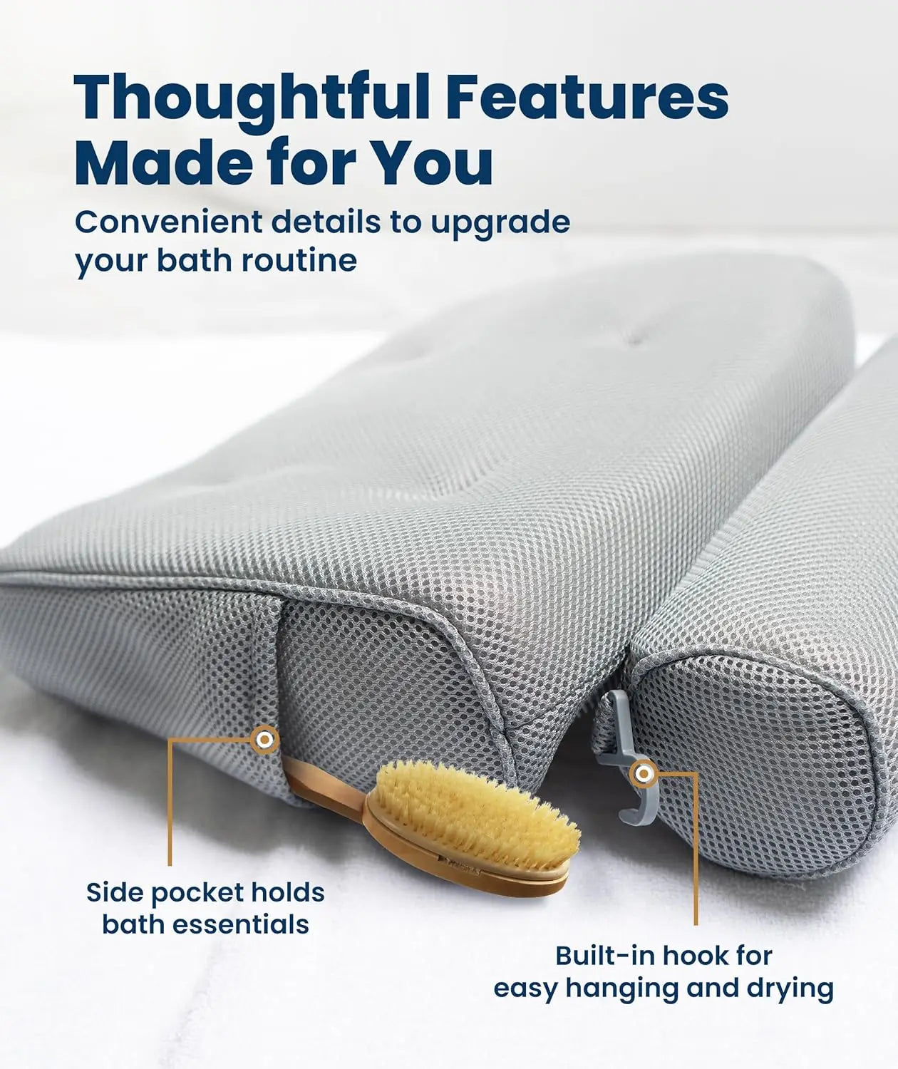 Luxury Bath Pillow With Head And Neck Support Non Slip Cups Quick Dry Mesh