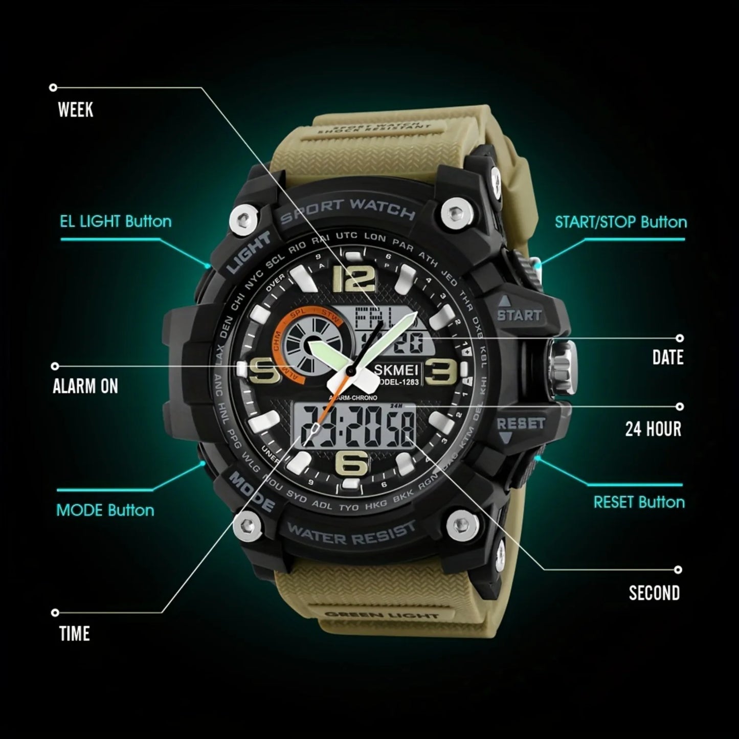 Waterproof Dual Time Electronic Watch, Outdoor Stopwatch with LED, Multifunctional Sports Wristwatch