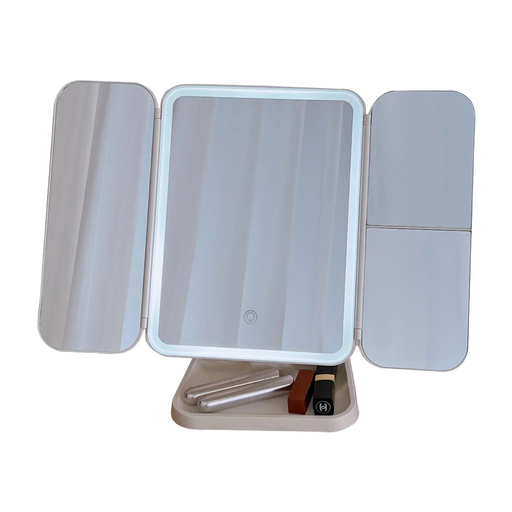Trifold LED Makeup Mirror With Dimmable Lighting Modes