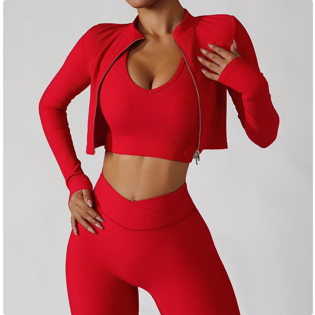 Women's 3 Piece Yoga Set Jacket Bra Legging Gym Sportswear
