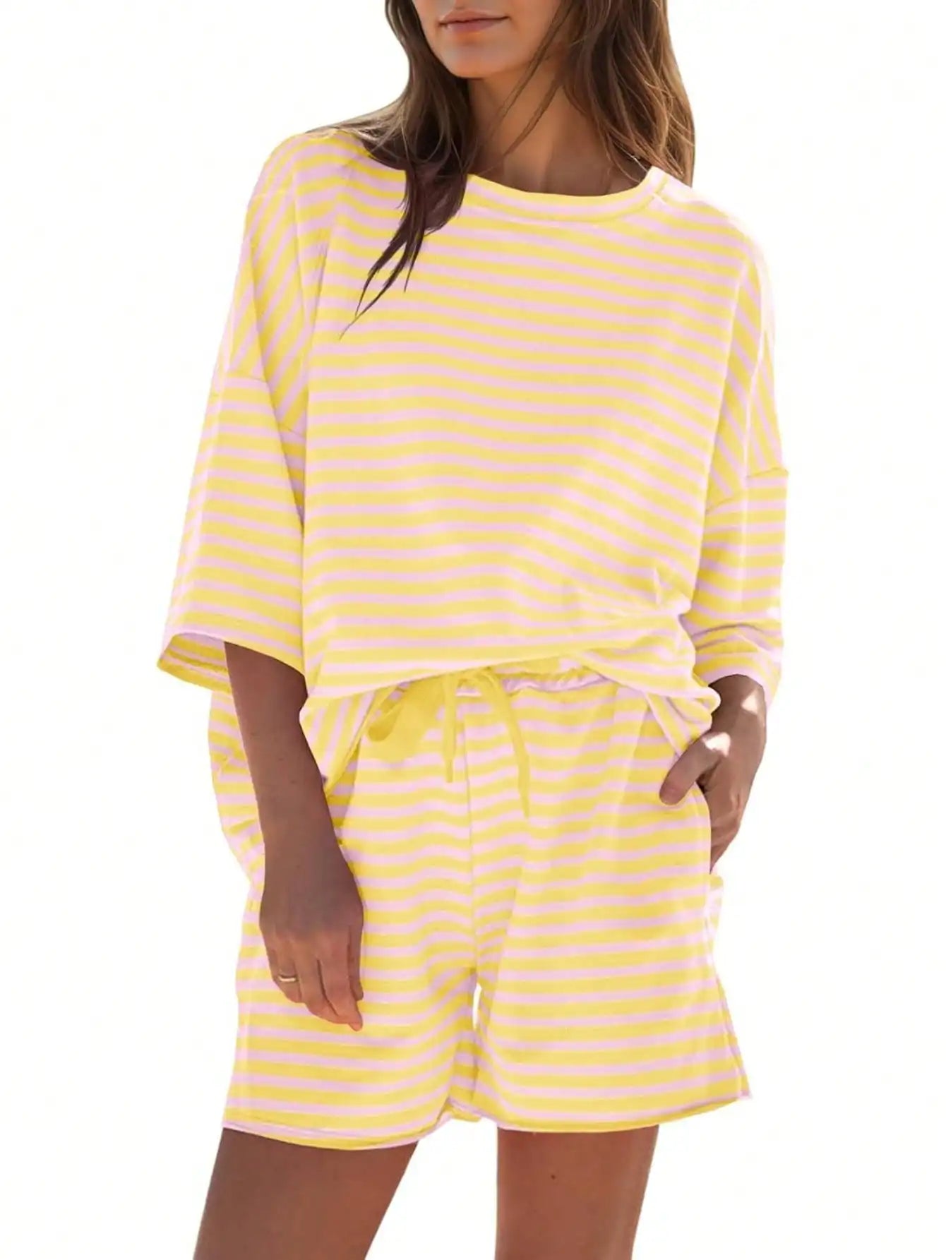 Women's Striped Athleisure 2 Piece Set With High Waisted Shorts