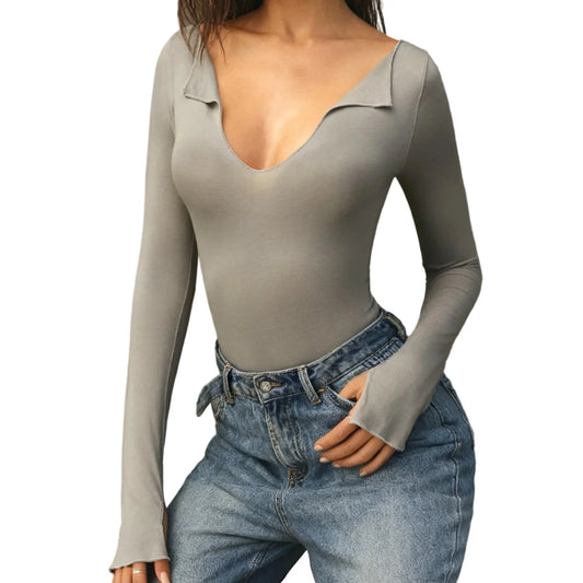 Womens Long Sleeve Tops V Neck Casual Fashion Solid Color Flim Fitted Base Layer Shirts for Yoga Gym