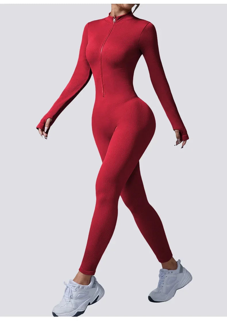 Half Zip Jumpsuit Women Gym Bodysuit Long Sleeve Activewear Set