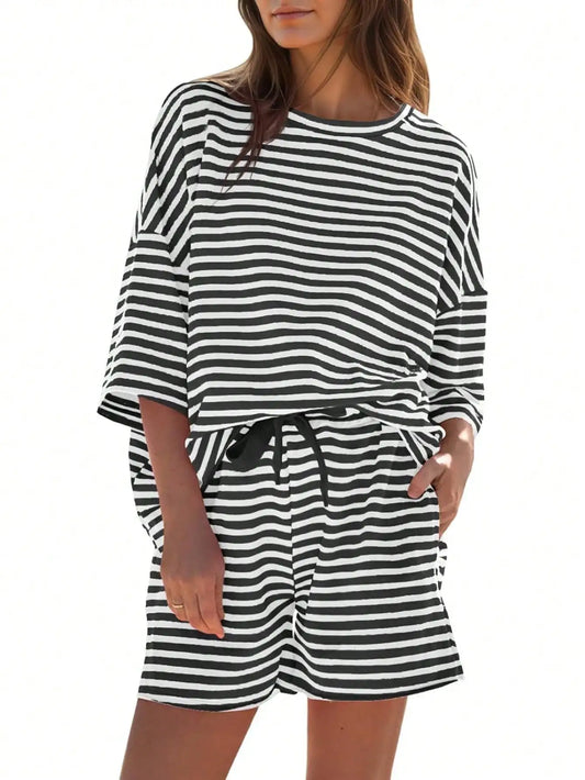 Women's Striped Athleisure 2 Piece Set With High Waisted Shorts