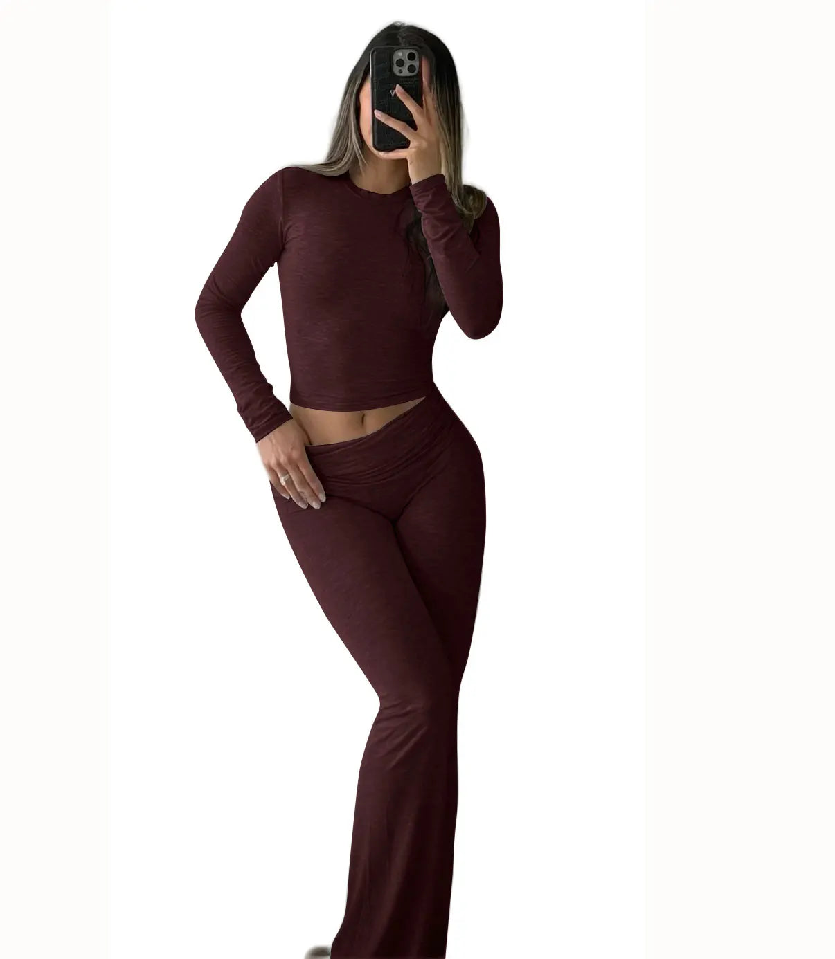 Womens Yoga Two Piece Set Long Sleeve Wide Leg Activewear
