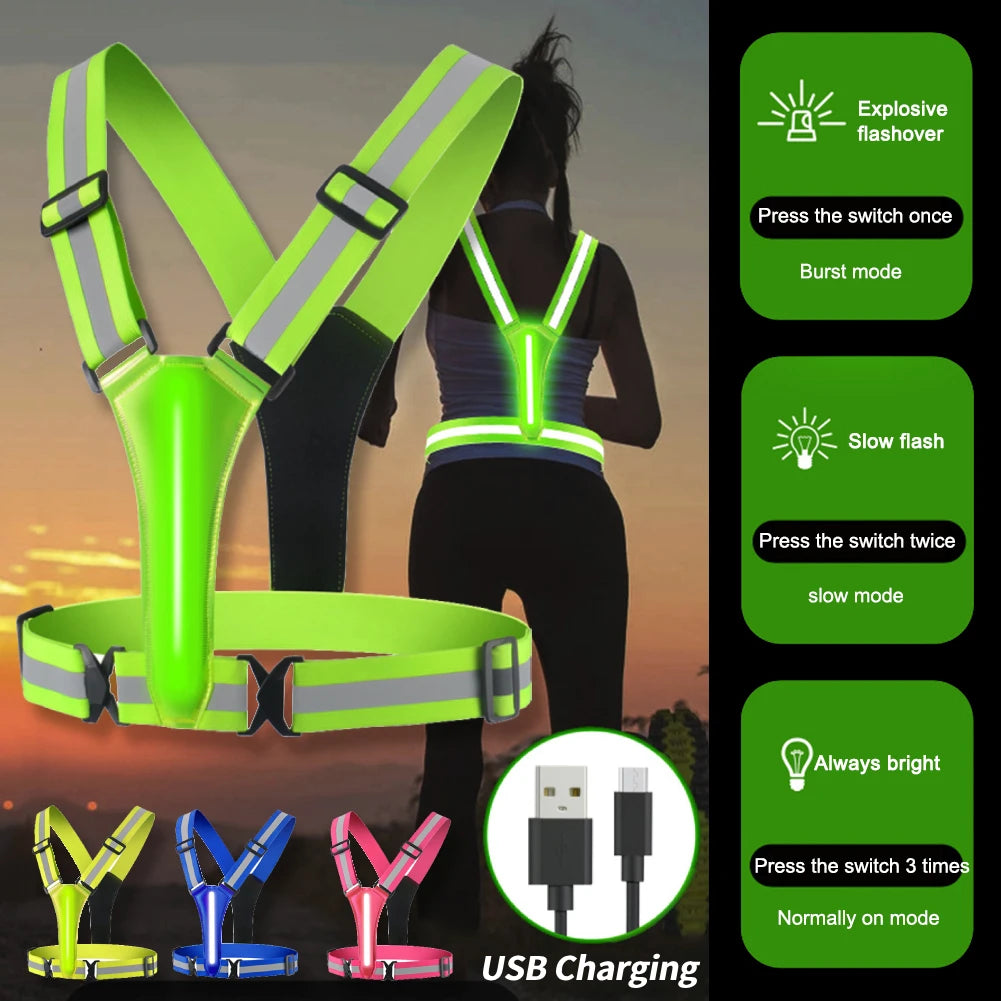 LED USB Rechargeable Reflective Running Vest With Glowing Straps
