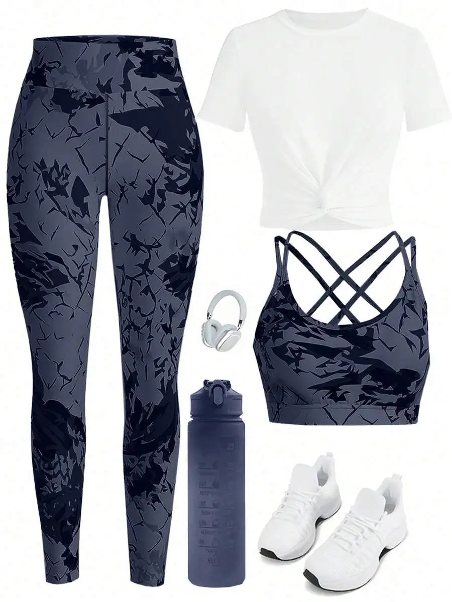 3-Piece Workout Set With Leggings Crop Top And Sports Bra