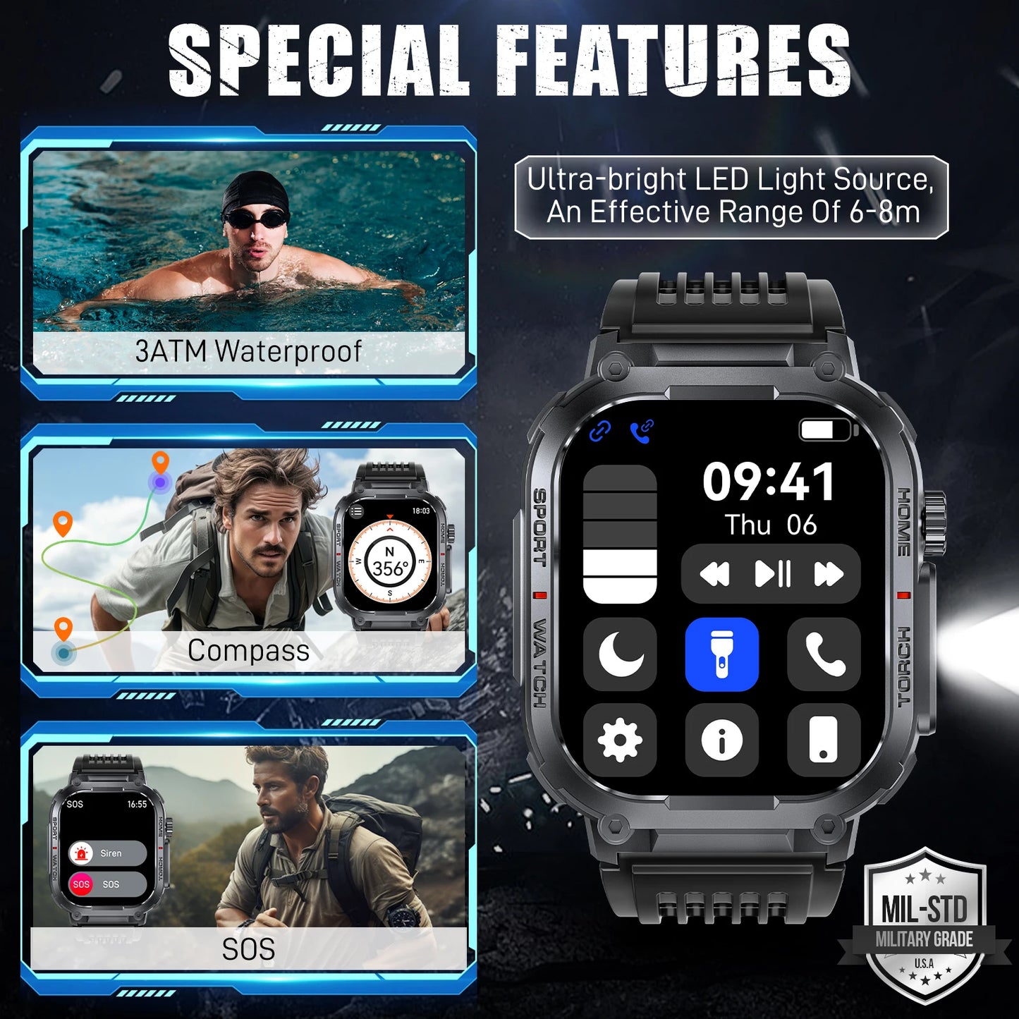 LaNikar Smart Watch Men 3ATM Waterproof S320B With Compass And LED Flashlight