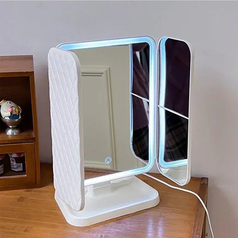 Trifold LED Makeup Mirror With Dimmable Lighting Modes