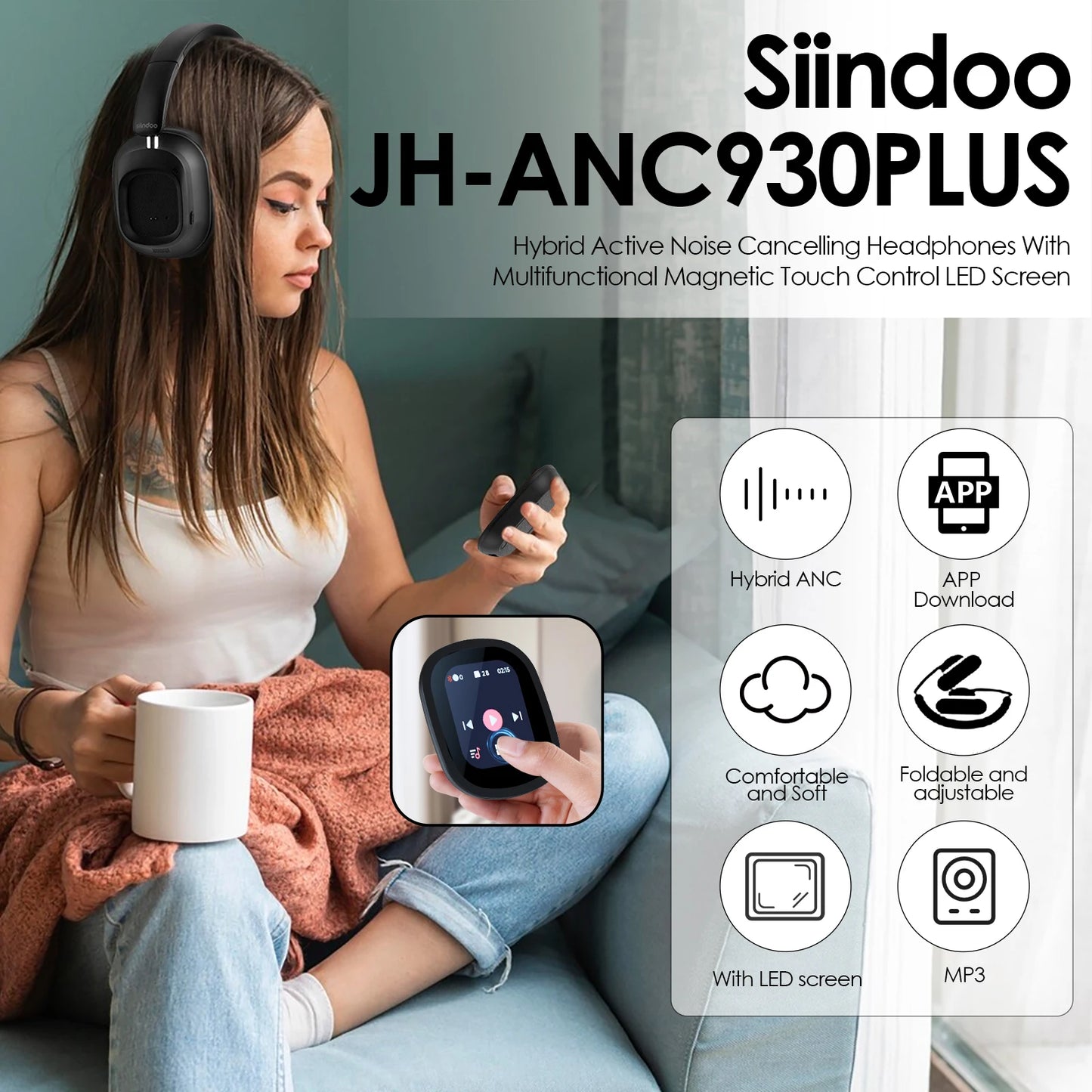 Siindoo ANC930Plus Hybrid Wireless Headphones With Touch Control LED Screen