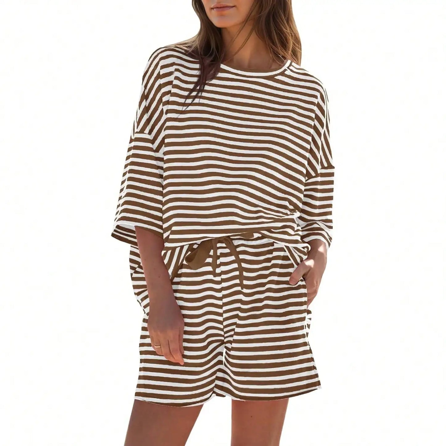 Women's Striped Athleisure 2 Piece Set With High Waisted Shorts