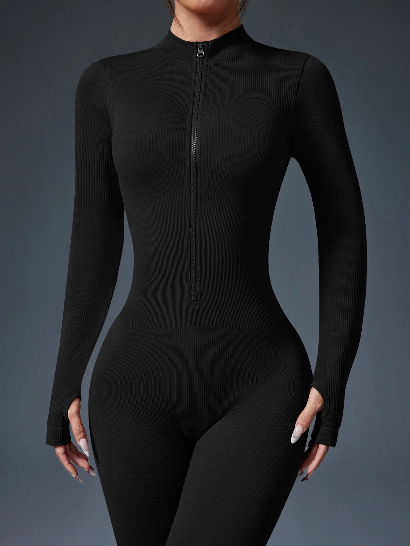 Half Zip Jumpsuit Women Gym Bodysuit Long Sleeve Activewear Set