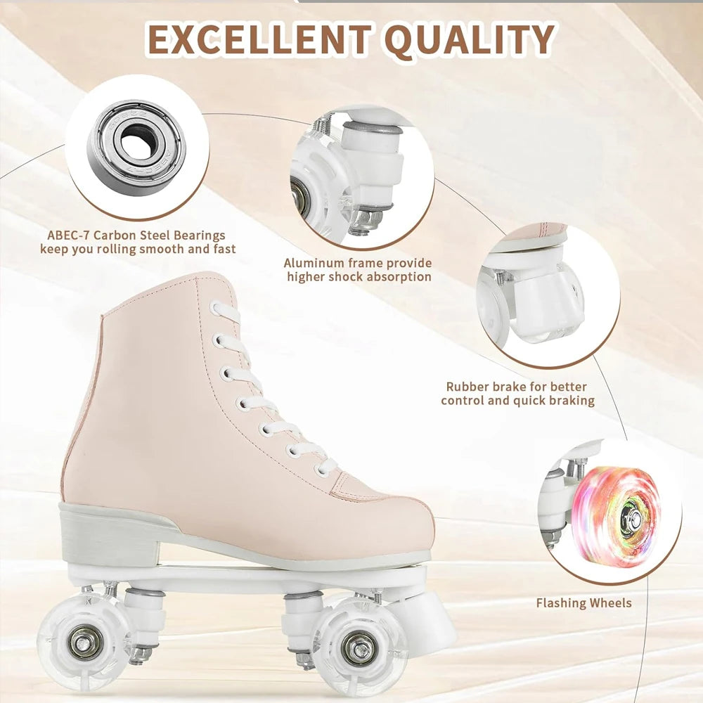 YYW Lighted Flashing PU Leather Double Row Quad Roller Skates For Adults