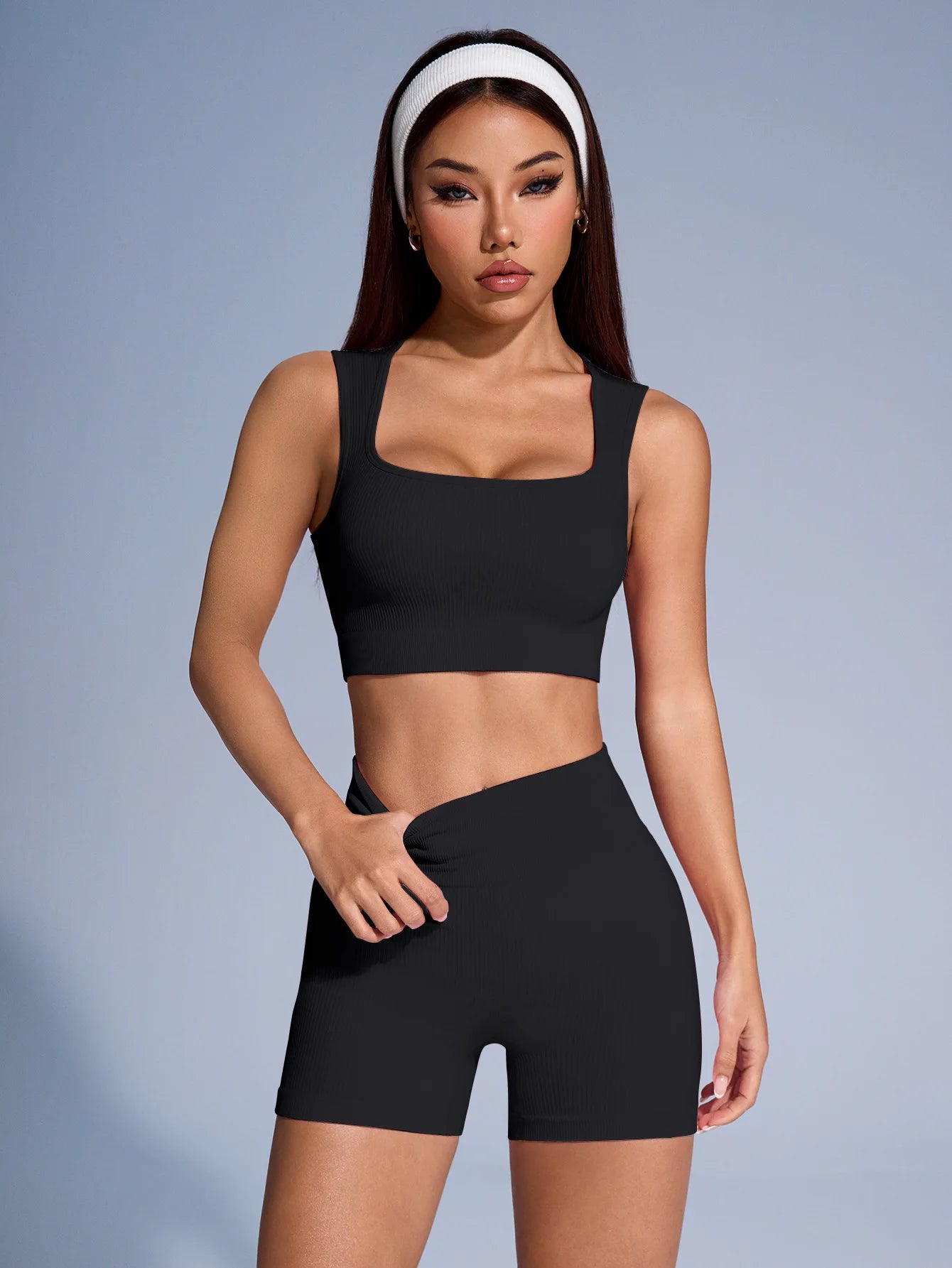 Seamless Ribbed Yoga Sets For Women High Waist Tank Shorts
