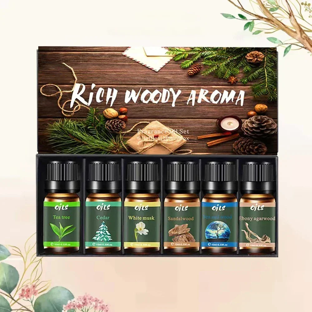 6 Piece Essential Oil Set Aromatherapy Diffuser Sandalwood Cedar Tea Tree Musk