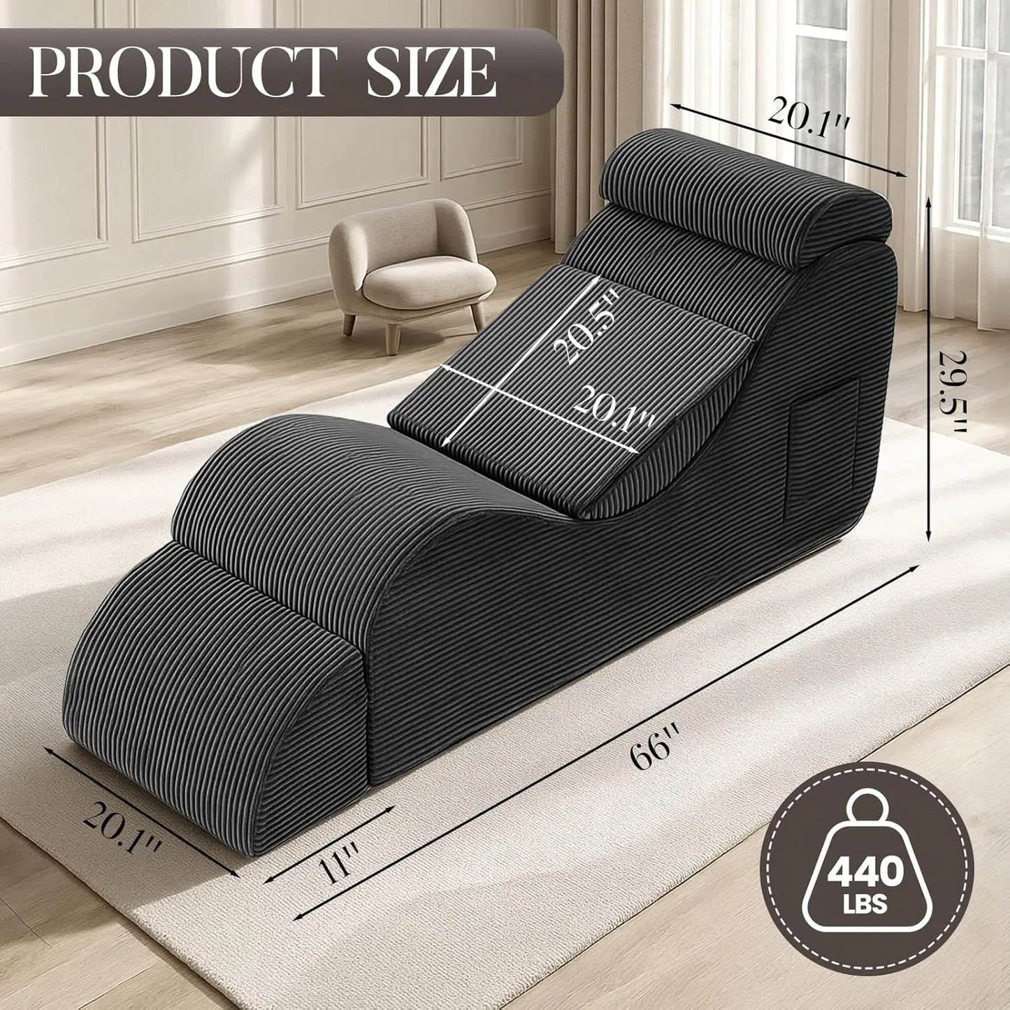 Ergonomic Yoga Chaise Lounge Chair for Adults with Headrest Pocket