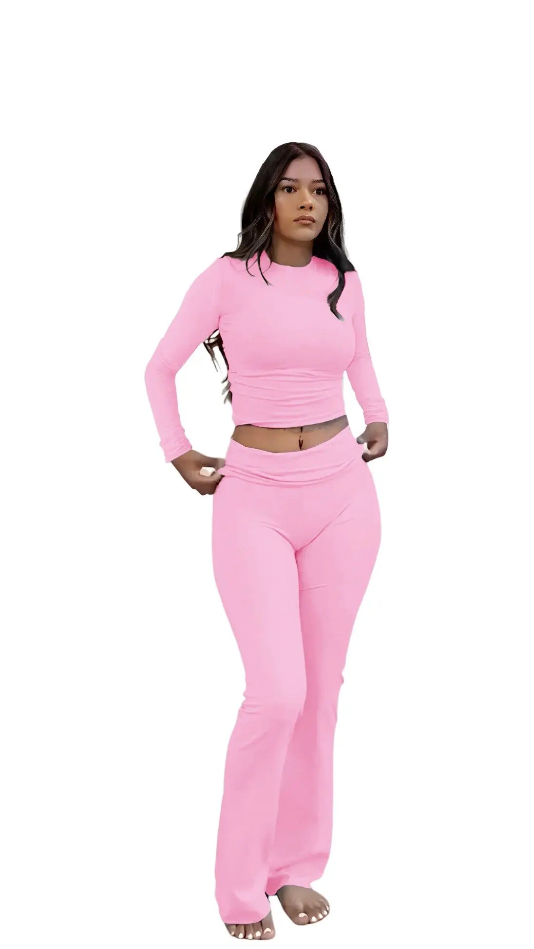 Womens Yoga Two Piece Set Long Sleeve Wide Leg Activewear