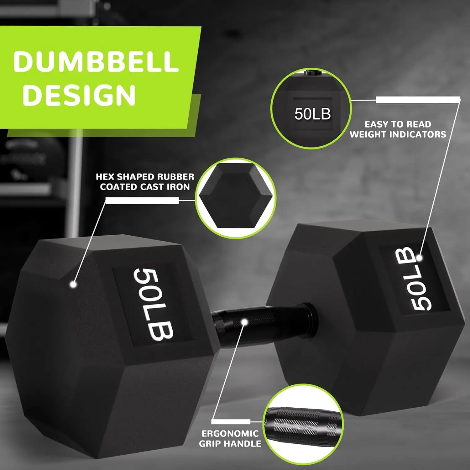 Rubber Encased Hex Dumbbell With Anti Slip Handle Dumbbells