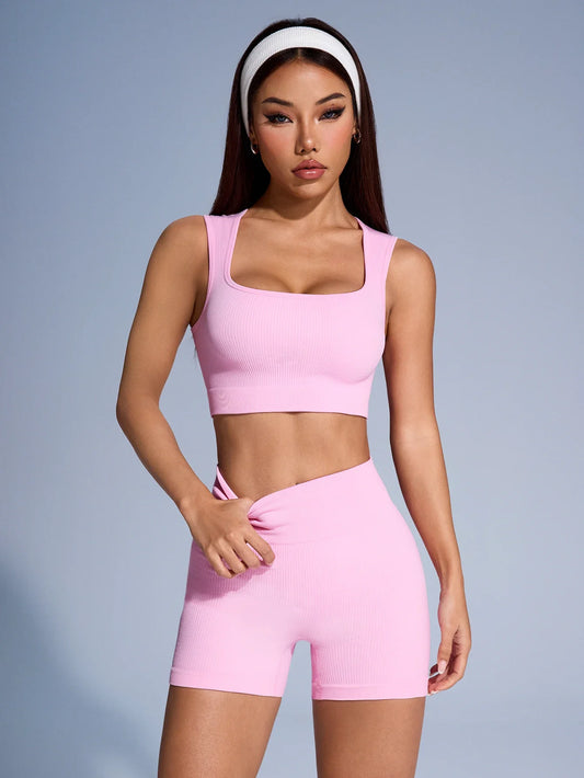 Seamless Ribbed Yoga Sets For Women High Waist Tank Shorts