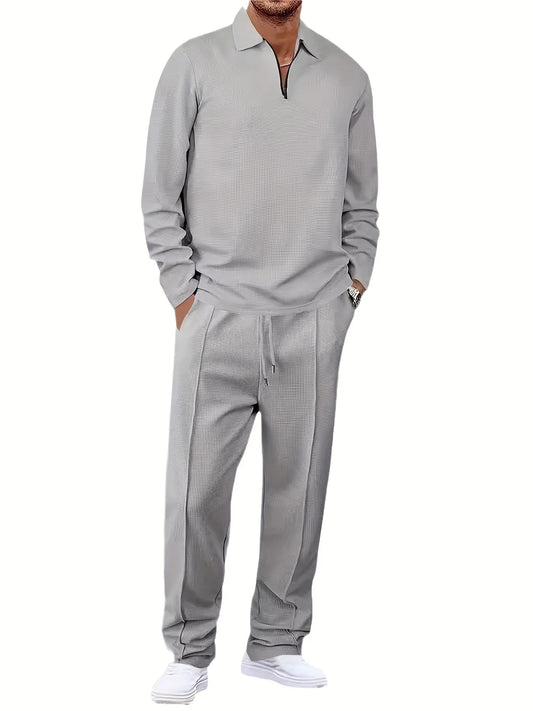 Mens Waffle Knit Spring And Autumn Long Sleeve And Pants Set Casual