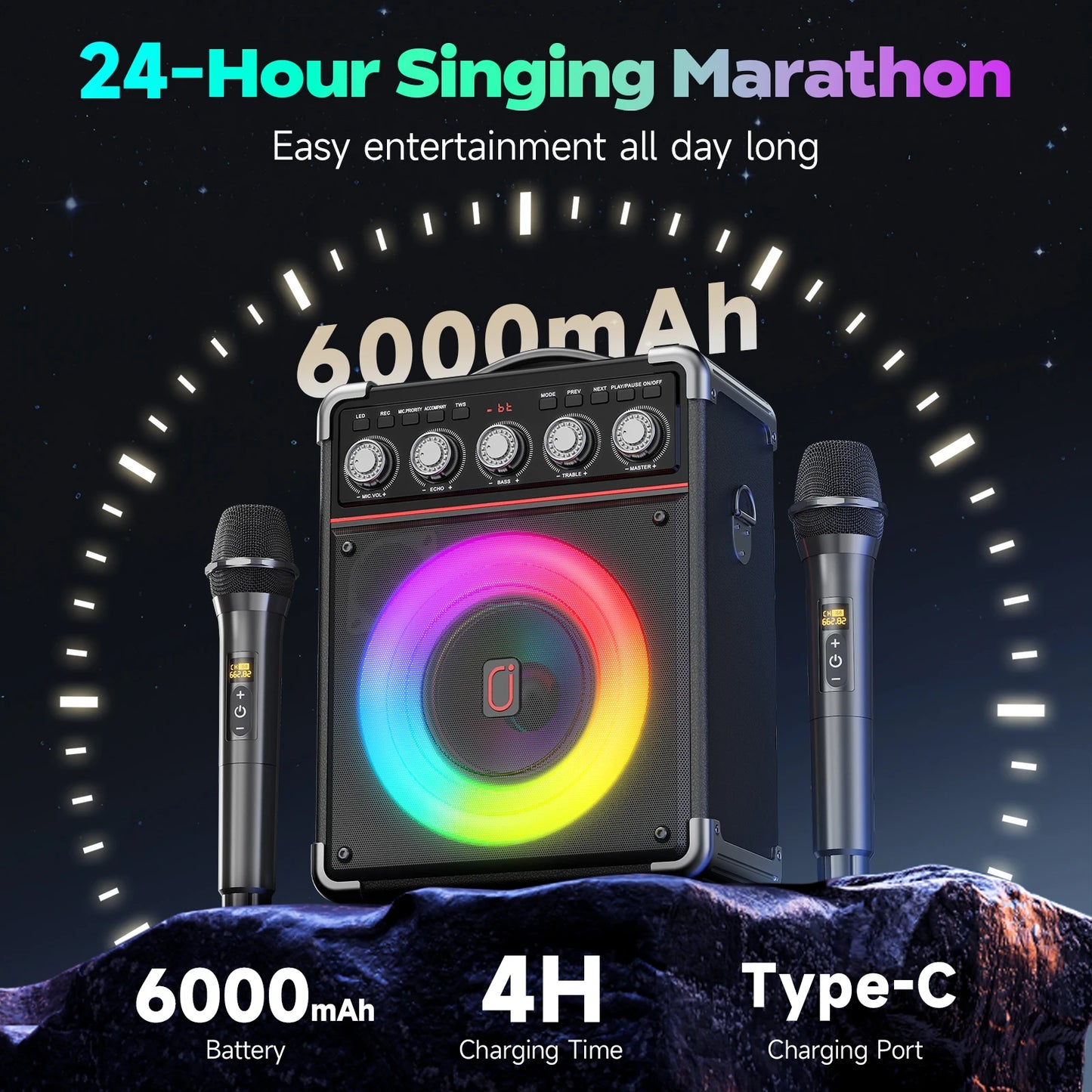 FanFun Karaoke Machine With 2 Microphones Bluetooth Speaker