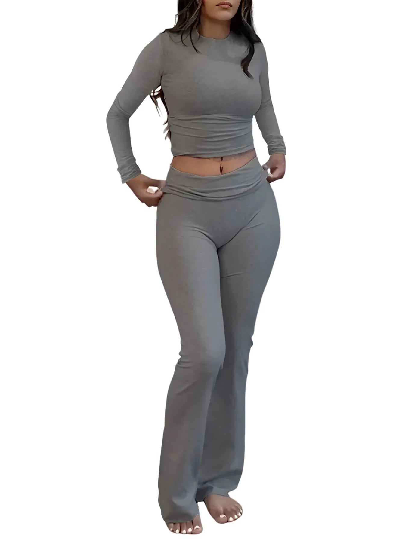 Womens Yoga Two Piece Set Long Sleeve Wide Leg Activewear