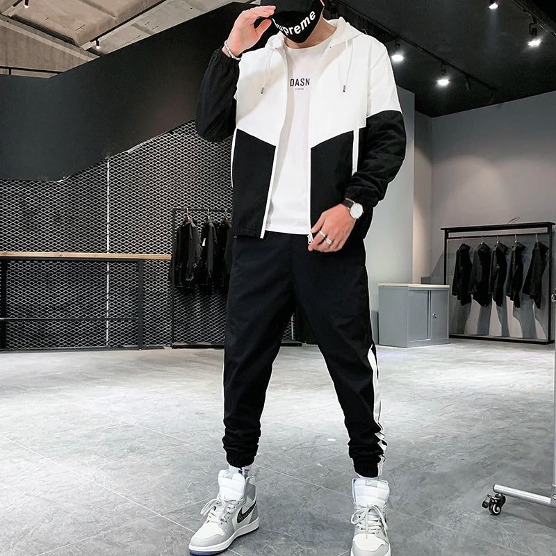 Mens Hooded Tracksuit Set Hip Hop Running Sportswear Jacket And Joggers