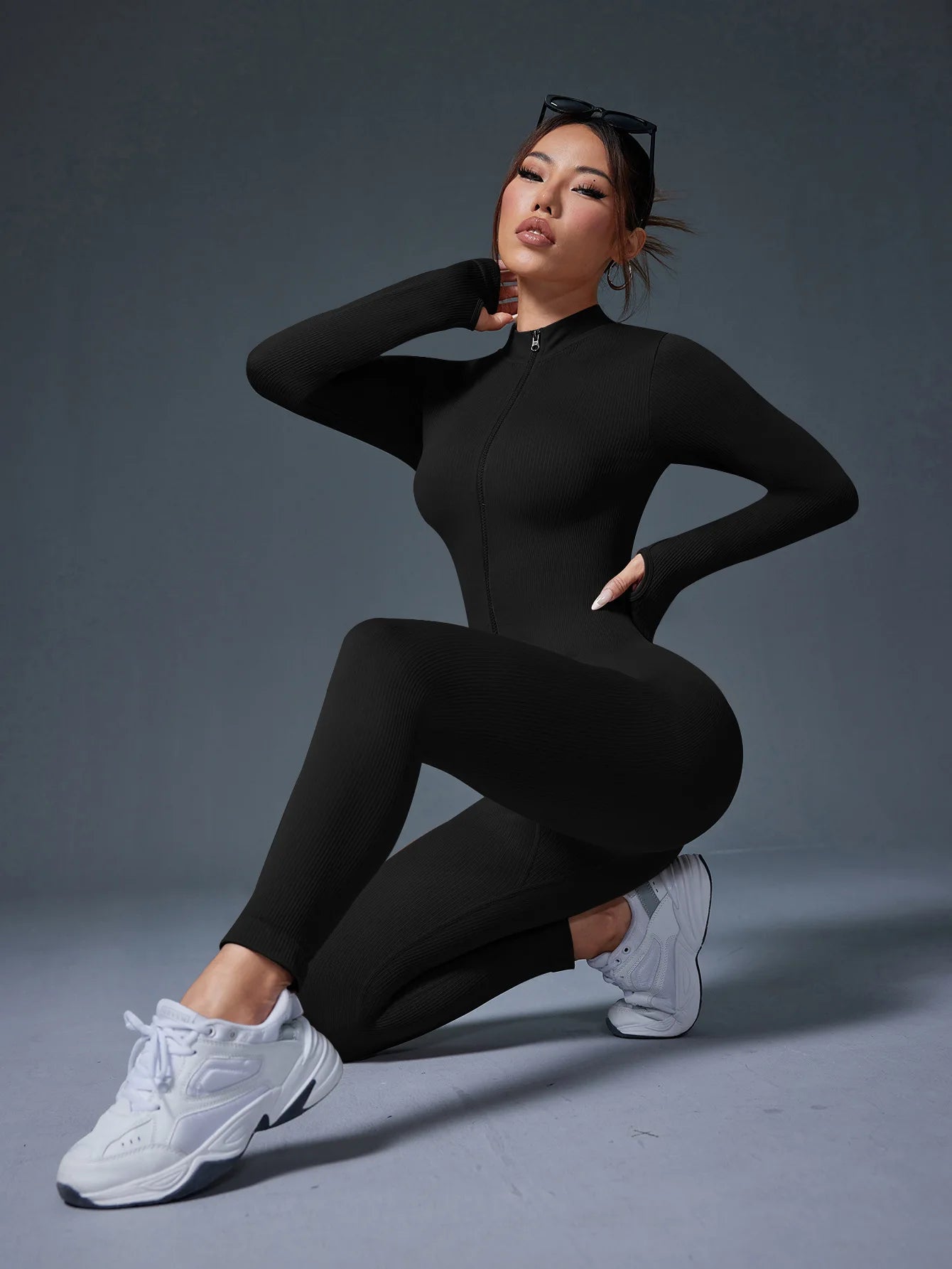 Half Zip Jumpsuit Women Gym Bodysuit Long Sleeve Activewear Set