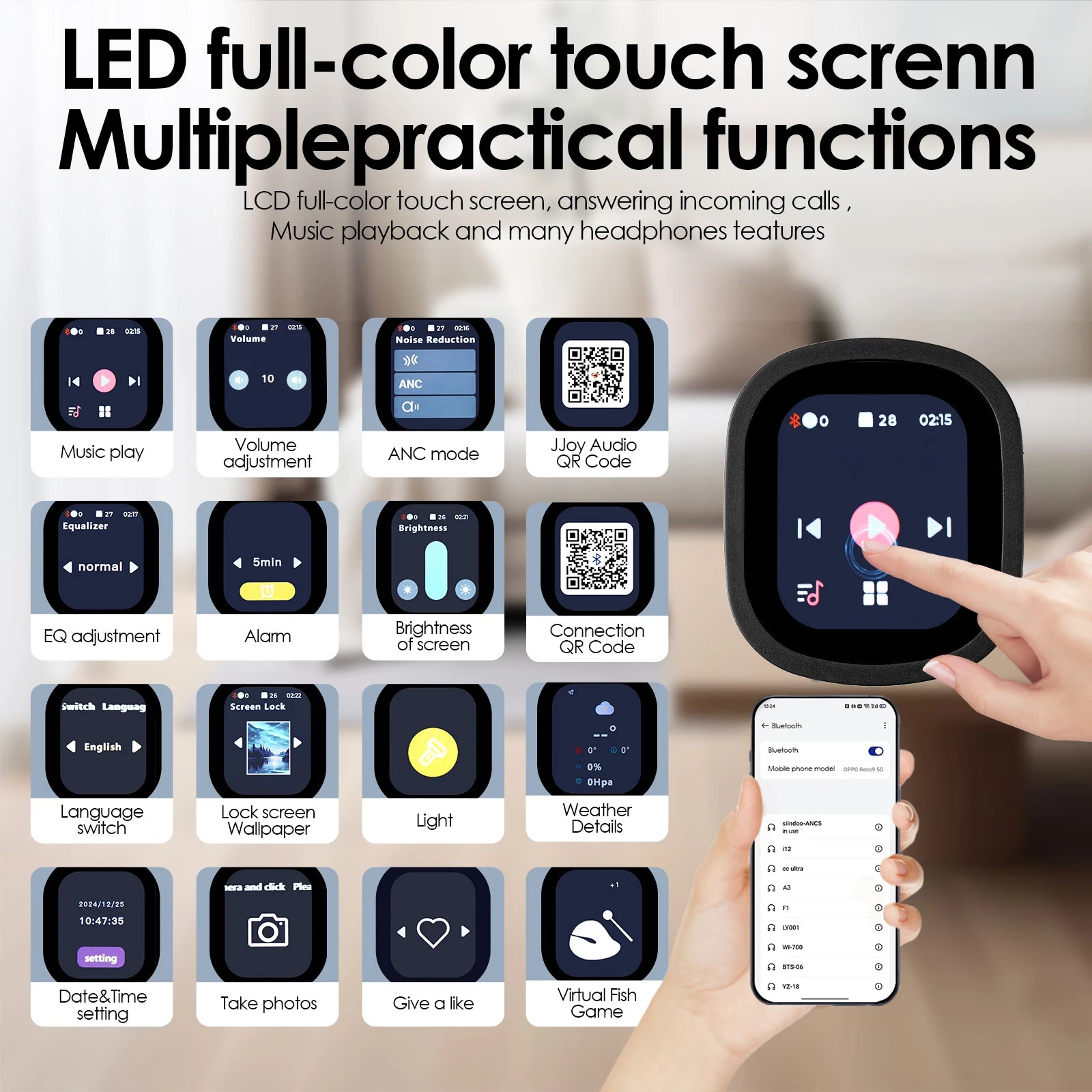 Siindoo ANC930Plus Hybrid Wireless Headphones With Touch Control LED Screen