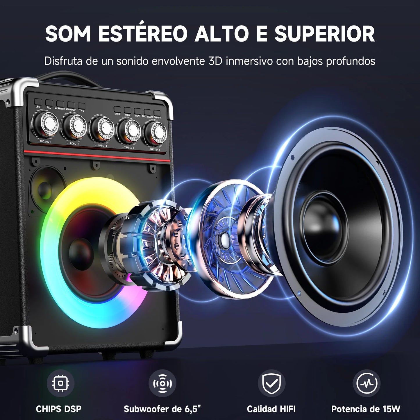 FanFun Karaoke Machine with 2 Wireless Mics & 1 Wired Mic,Portable Bluetooth Karaoke Speaker with LED Lights for Kids and Adults