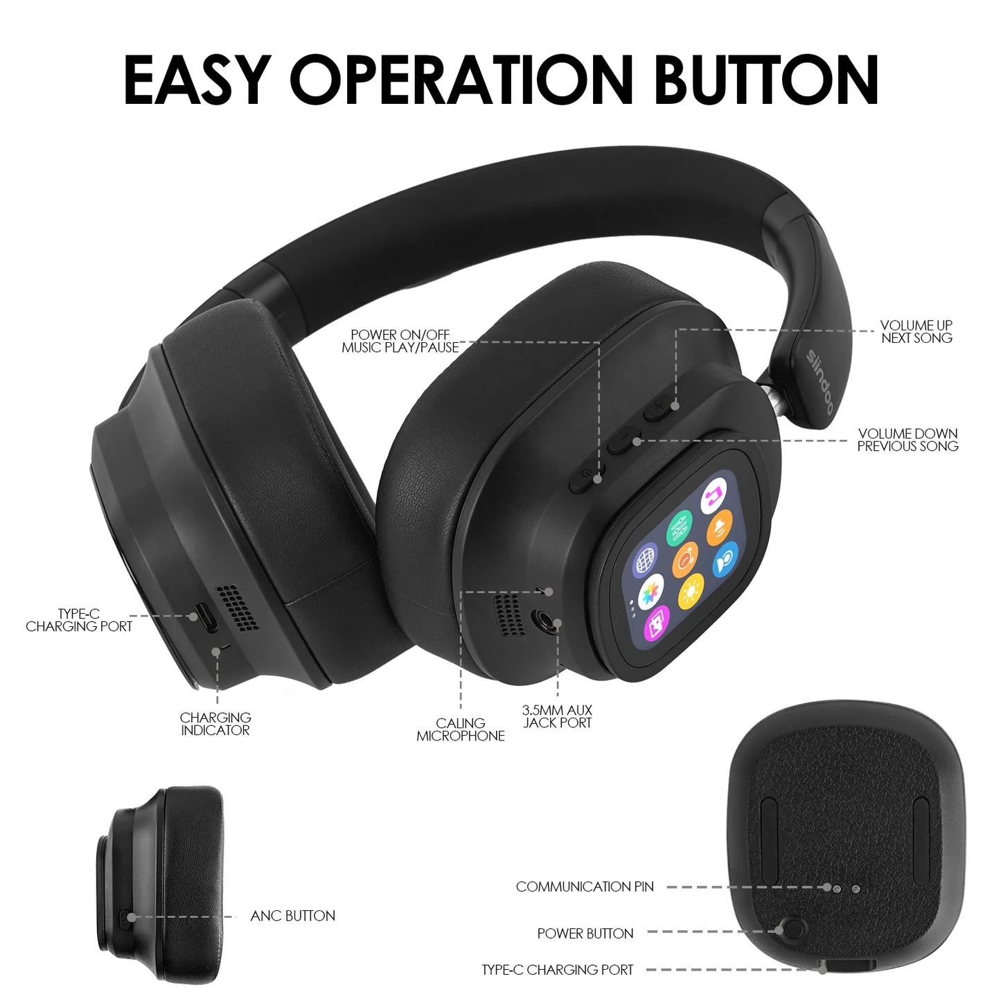 Siindoo ANC930Plus Hybrid Wireless Headphones With Touch Control LED Screen