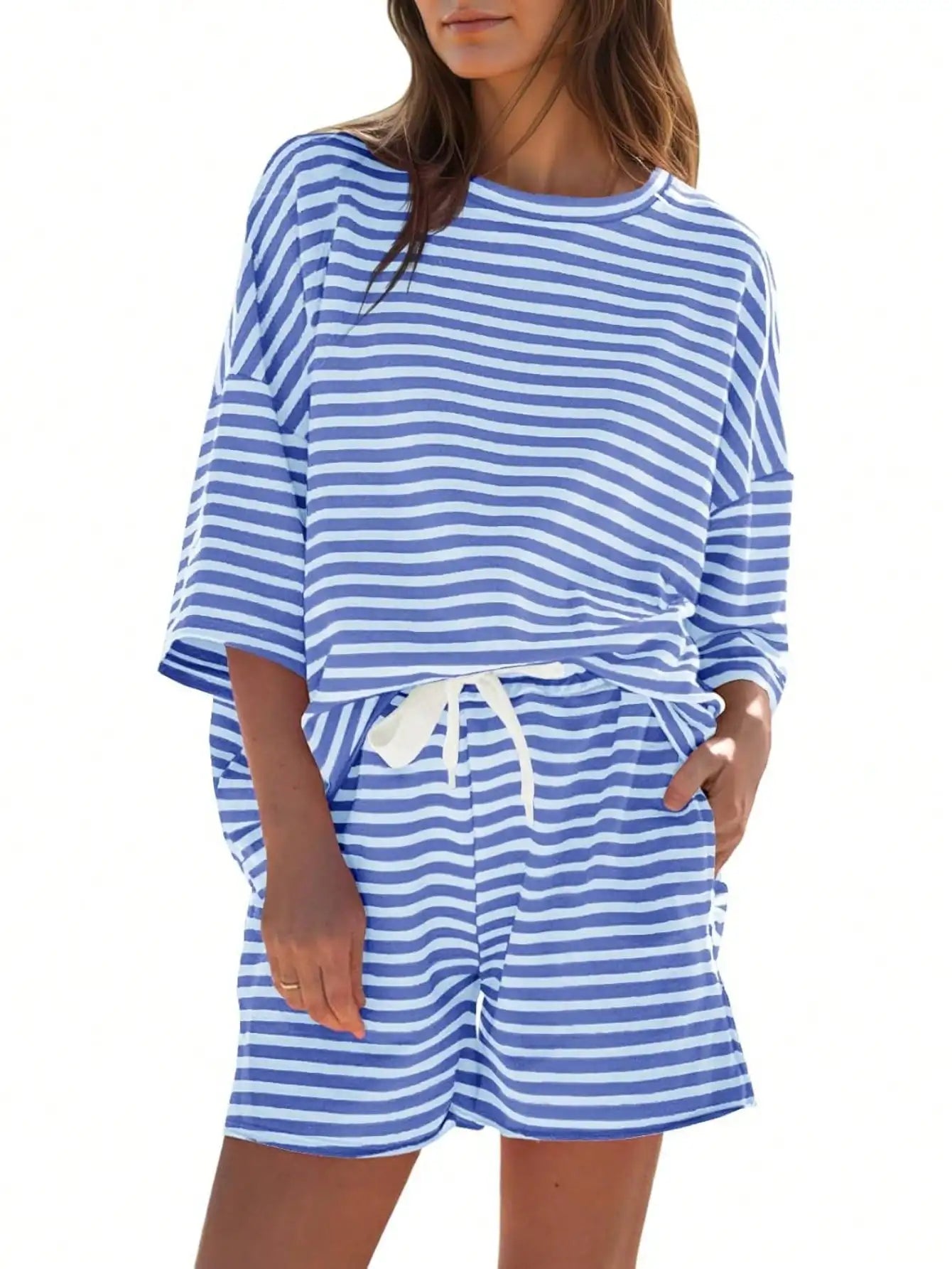 Women's Striped Athleisure 2 Piece Set With High Waisted Shorts