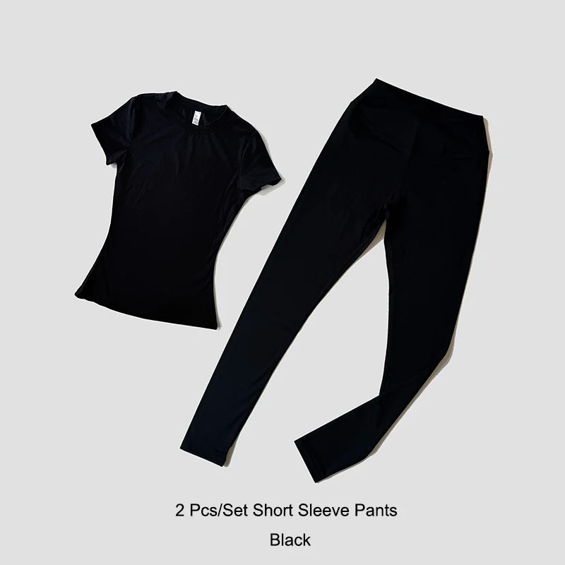 Womens Yoga Set Sportswear Crop Top And Leggings Short Sleeves