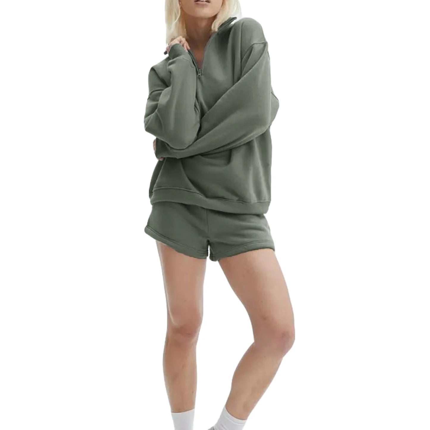 Women Velvet Activewear Set With Zip Sweatshirt And Shorts