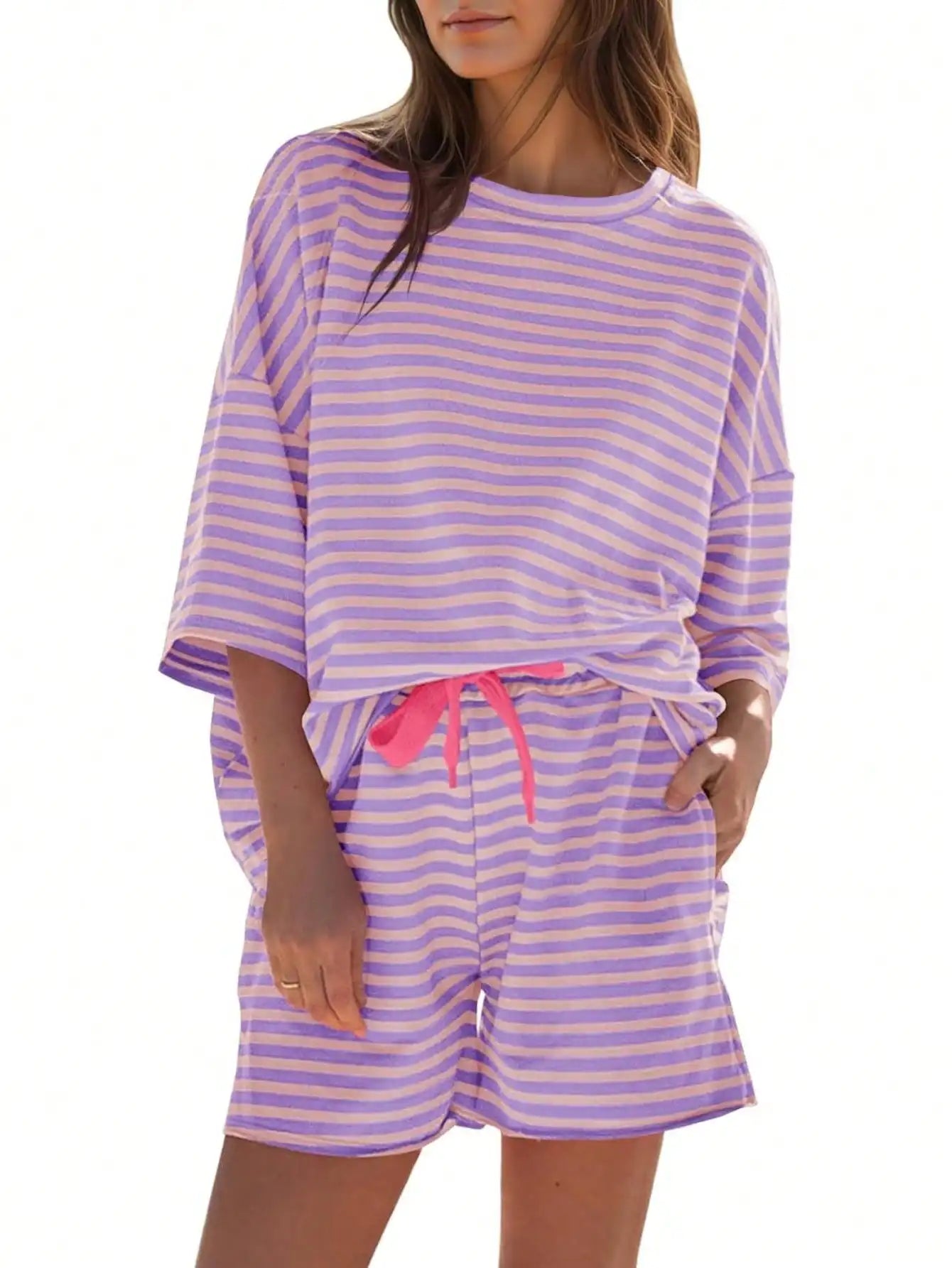 Women's Striped Athleisure 2 Piece Set With High Waisted Shorts